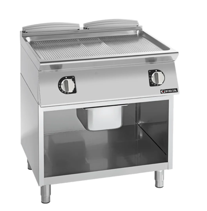 Giorik 900 Series 800mm wide Ribbed Mild Steel Gas Frytop on Open Base Giorik 900 Series 800mm wide Ribbed Mild Steel Gas Frytop on Open Base