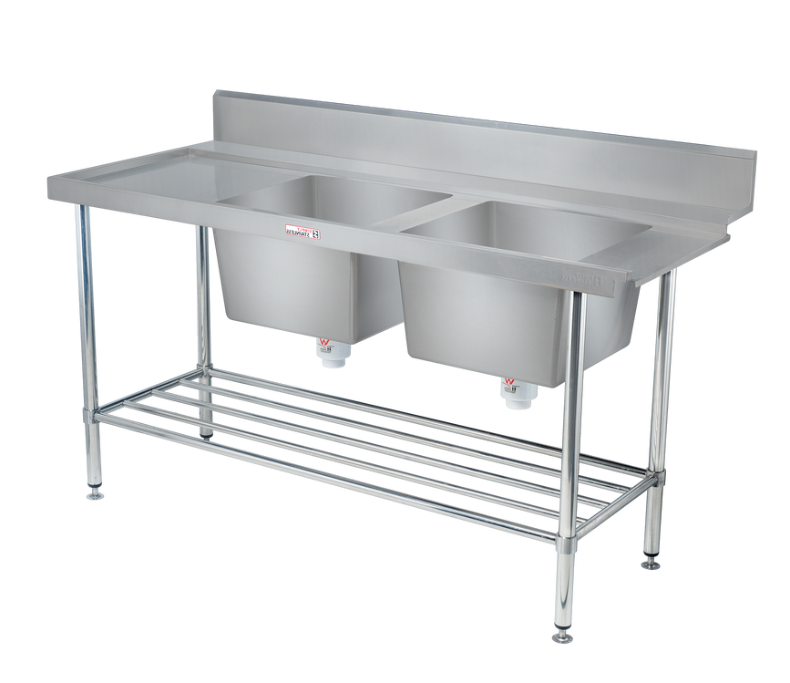 Simply Stainless Double Sink Dishwasher Left Hand Inlet Bench SS09 700 Series 1650mm Wide (3 x baskets wide)