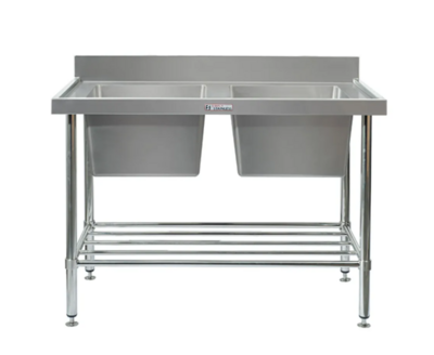 Simply Stainless Double Sink Bench with Splashback SS06 700 Series 2100mm Wide Includes Tube Leg Brace