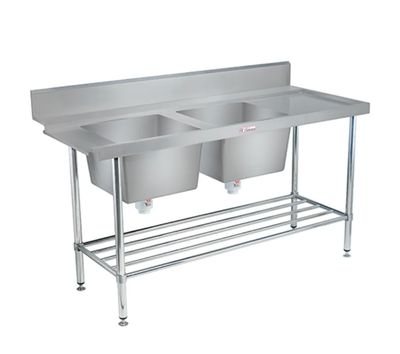Simply Stainless Double Sink Bench with Splashback SS06 700 Series 2400mm Wide Includes Tube Undershelf