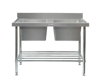 Simply Stainless Double Sink Bench with Splashback SS06 600 Series 2100mm Wide Includes Tube Leg Brace