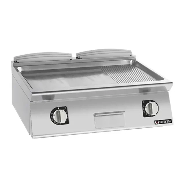 Giorik 900 Series 800mm wide Half Ribbed Half Smooth Satin Chrome Gas Frytop on Open Base