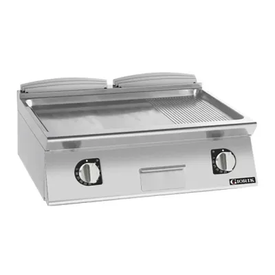 Giorik 900 Series 800mm wide Half Ribbed Half Smooth Satin Chrome Gas Frytop on Open Base