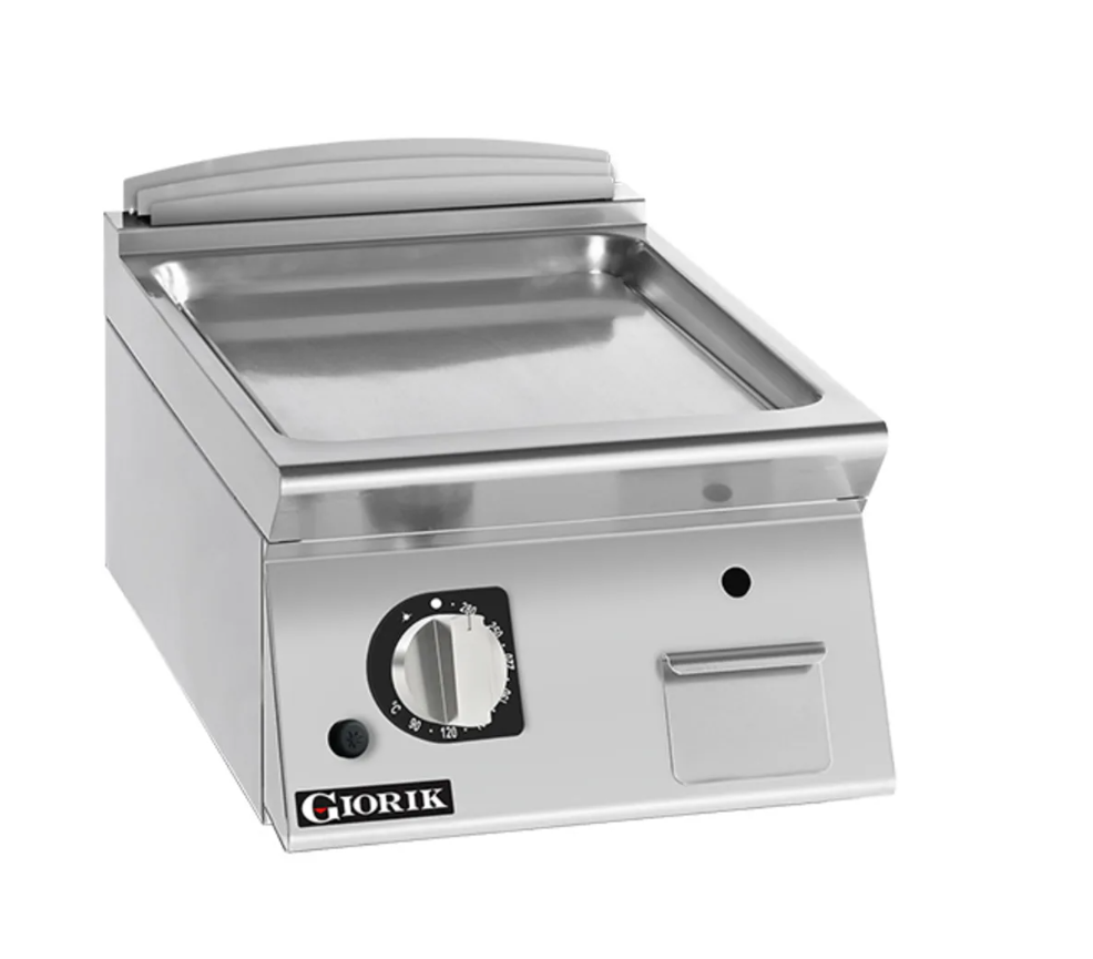 Giorik 700 Series 400mm wide Smooth Satin Chrome Gas Frytop on Open Base