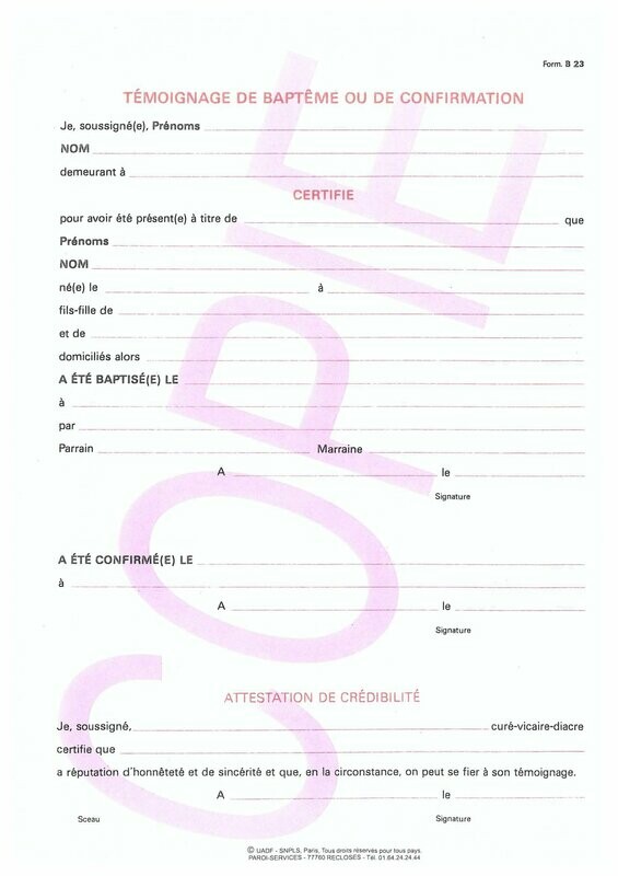 B23 - Témoignage de baptême ou de confirmation