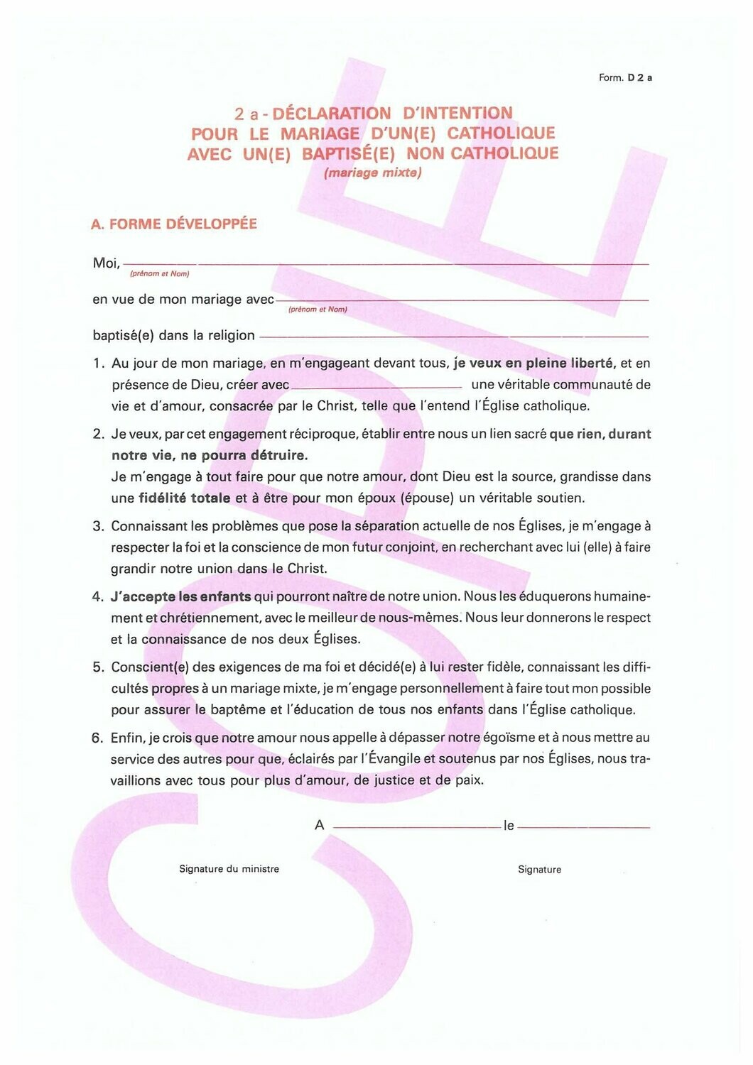 D2a - Déclarations d'intentions pour le mariage avec un baptisé non catholique et conjoint catholique