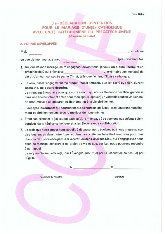 D3a - Déclarations d'intention pour le mariage avec un catéchumène - conjoint catholique