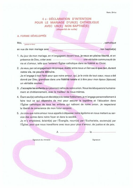 D4a - Déclarations d'intentions pour le mariage avec un  non baptisé et conjoint catholique