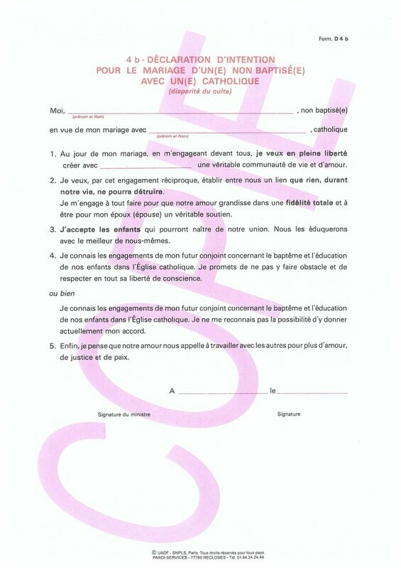 D4b - Déclarations d'intention pour le mariage avec un non baptisé et conjoint non catholique