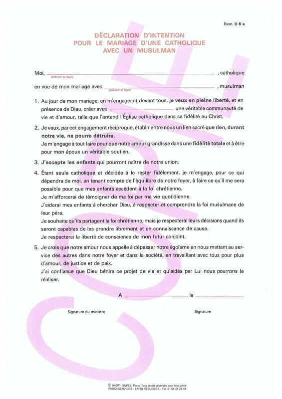 D5a - Déclarations d'intention pour le mariage islamo-chrétien conjoint catholique