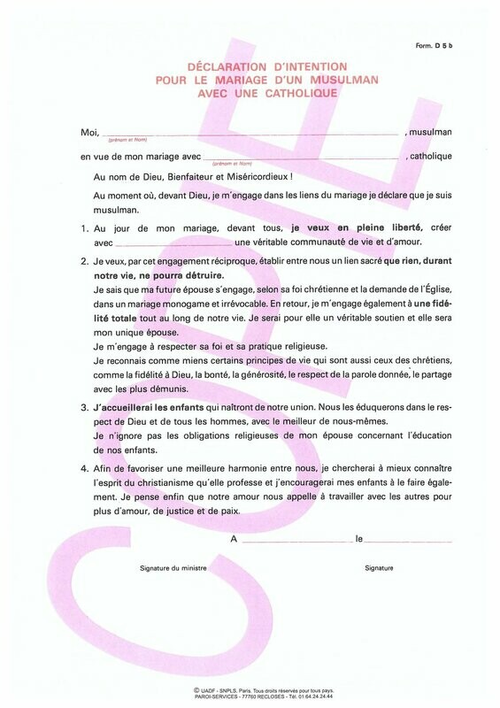 D5b - Déclarations d'intention pour le mariage islamo-chrétien conjoint musulman