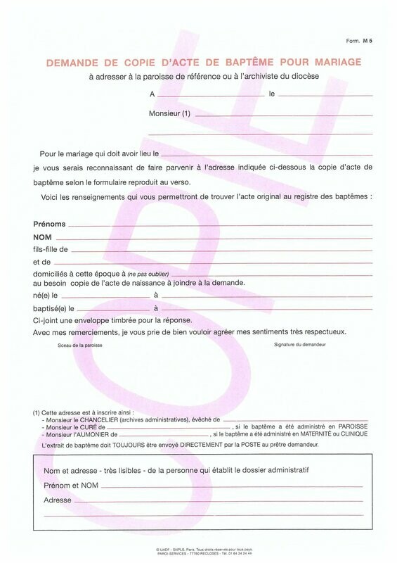 M5-6 - Demande de copie d'acte et copie de l'acte de baptême pour mariage