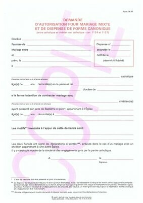M11 - Demande d'autorisation pour mariage mixte et de dispense de forme canonique