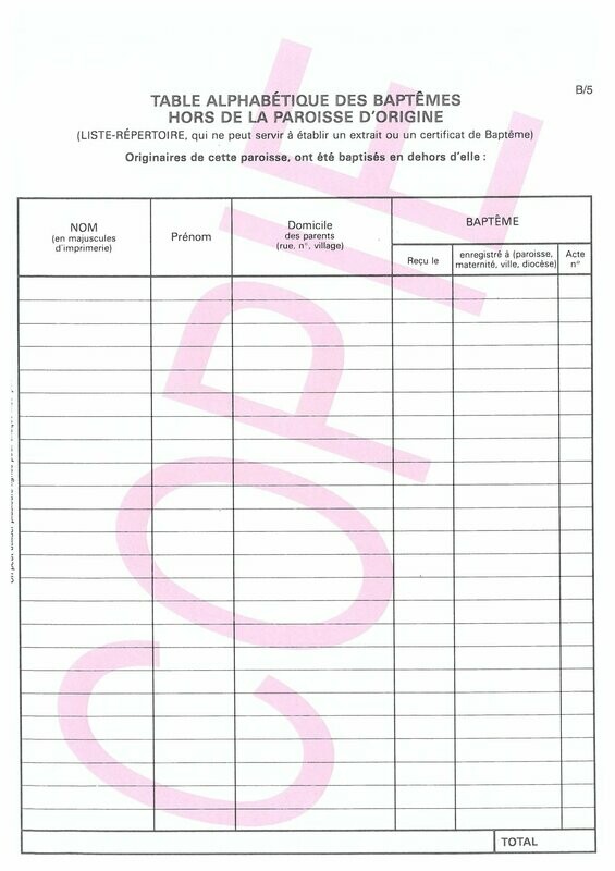 B5 - Table alphabétique des baptêmes hors paroisses