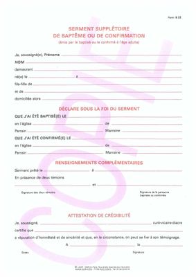 B22 - Serment supplétoire de baptême ou de confirmation