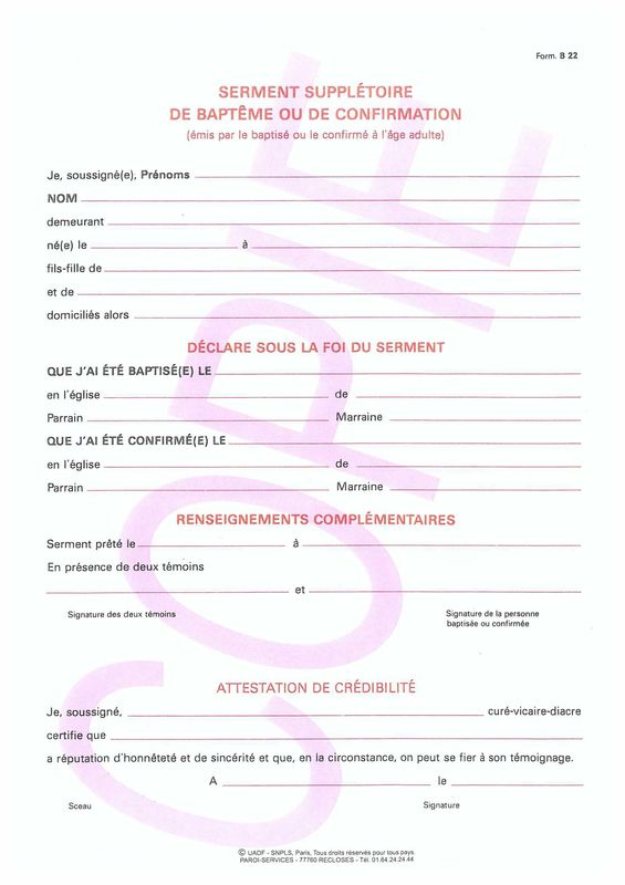 B22 - Serment supplétoire de baptême ou de confirmation
