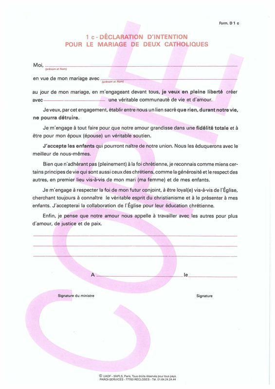 D1c -  Déclarations d'intention pour le mariage de deux catholiques (baptisés n'adhérant pas pleinement à la foi chrétienne)