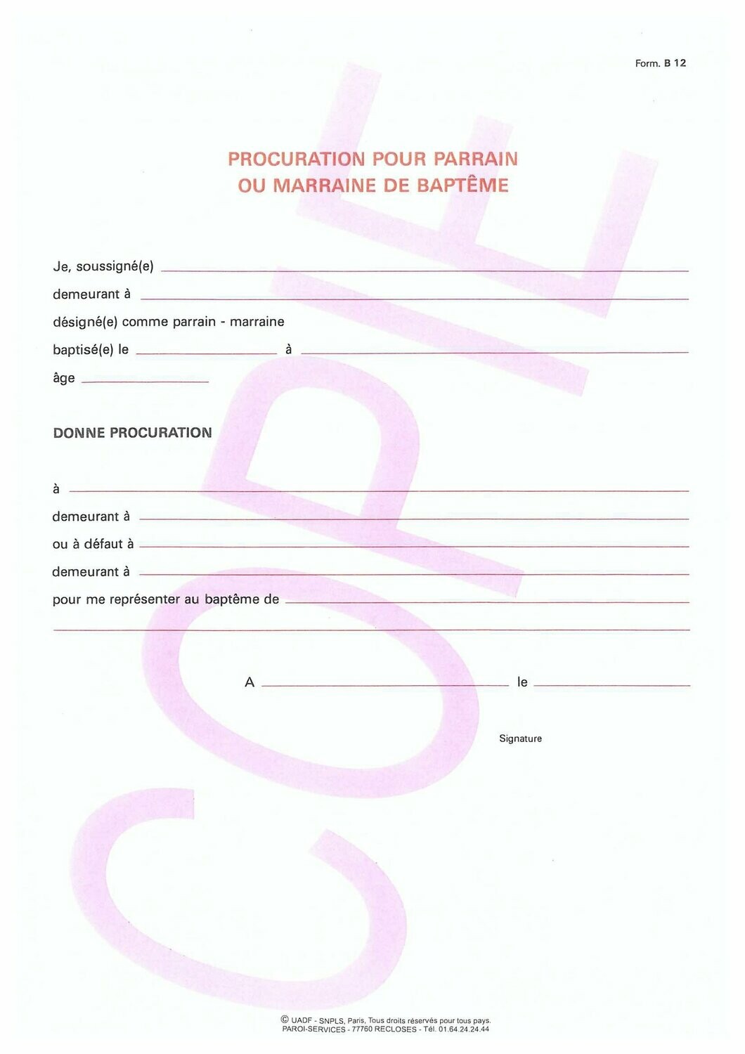 B12 - Procuration pour parrain ou marraine de baptême