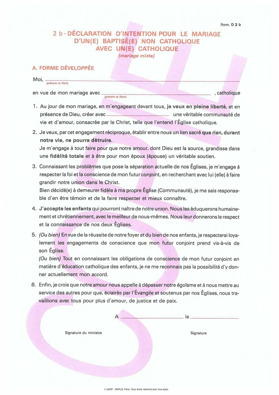 D2b - Déclarations d'intentions pour le mariage avec un baptisé non catholique et conjoint chrétien non catholique D2b - Déclarations d'intentions pour le mariage avec un baptisé non catholique et conjoint chrétien non catholique