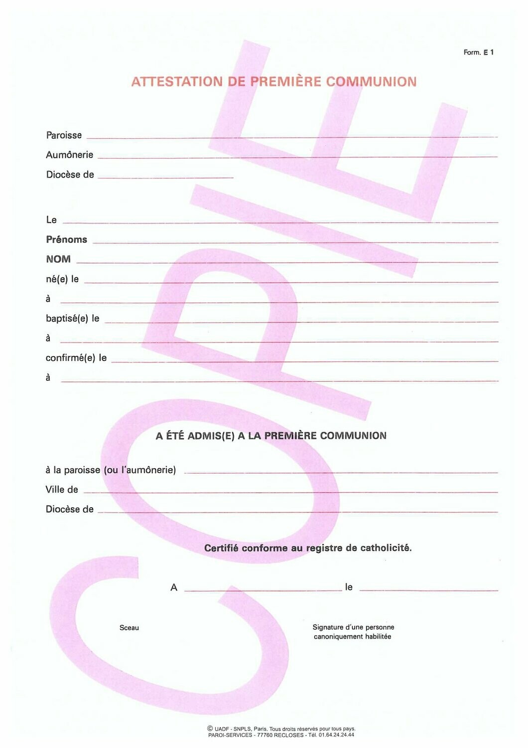 E1 - Attestation de première communion E1 - Attestation de première communion