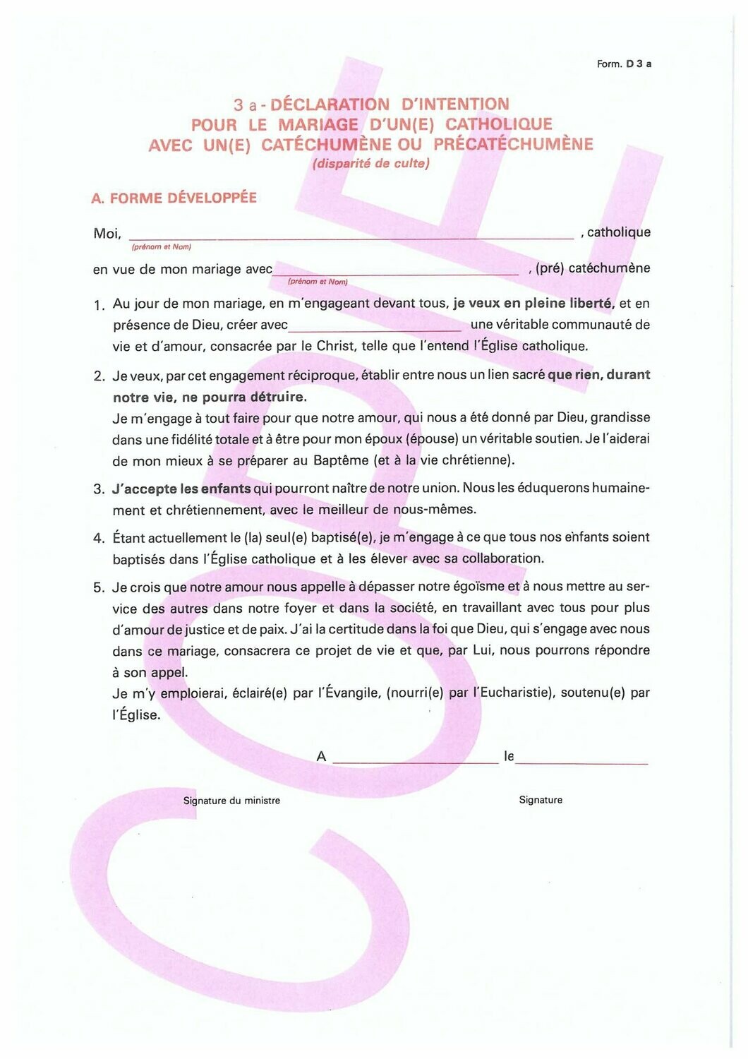D3a - Déclarations d'intention pour le mariage avec un catéchumène - conjoint catholique
