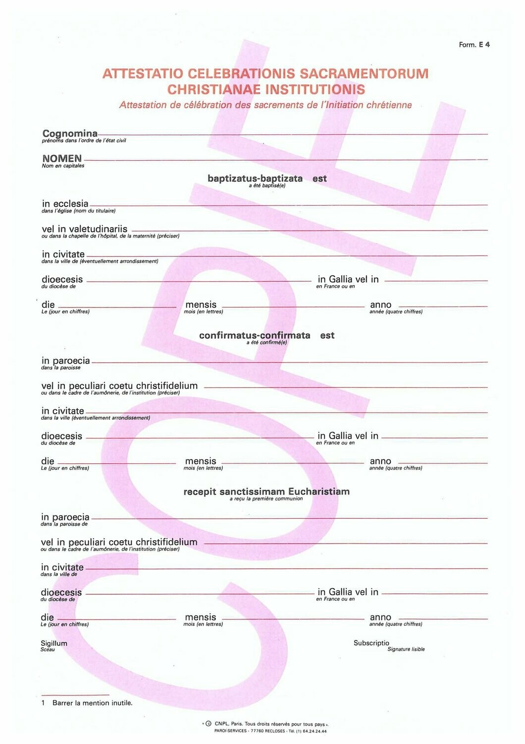 E4 - Attestation de célébration des sacrements de l'initiation chrétienne (latin)