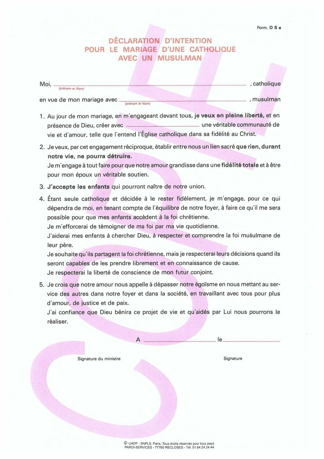 D5a - Déclarations d'intention pour le mariage islamo-chrétien conjoint catholique