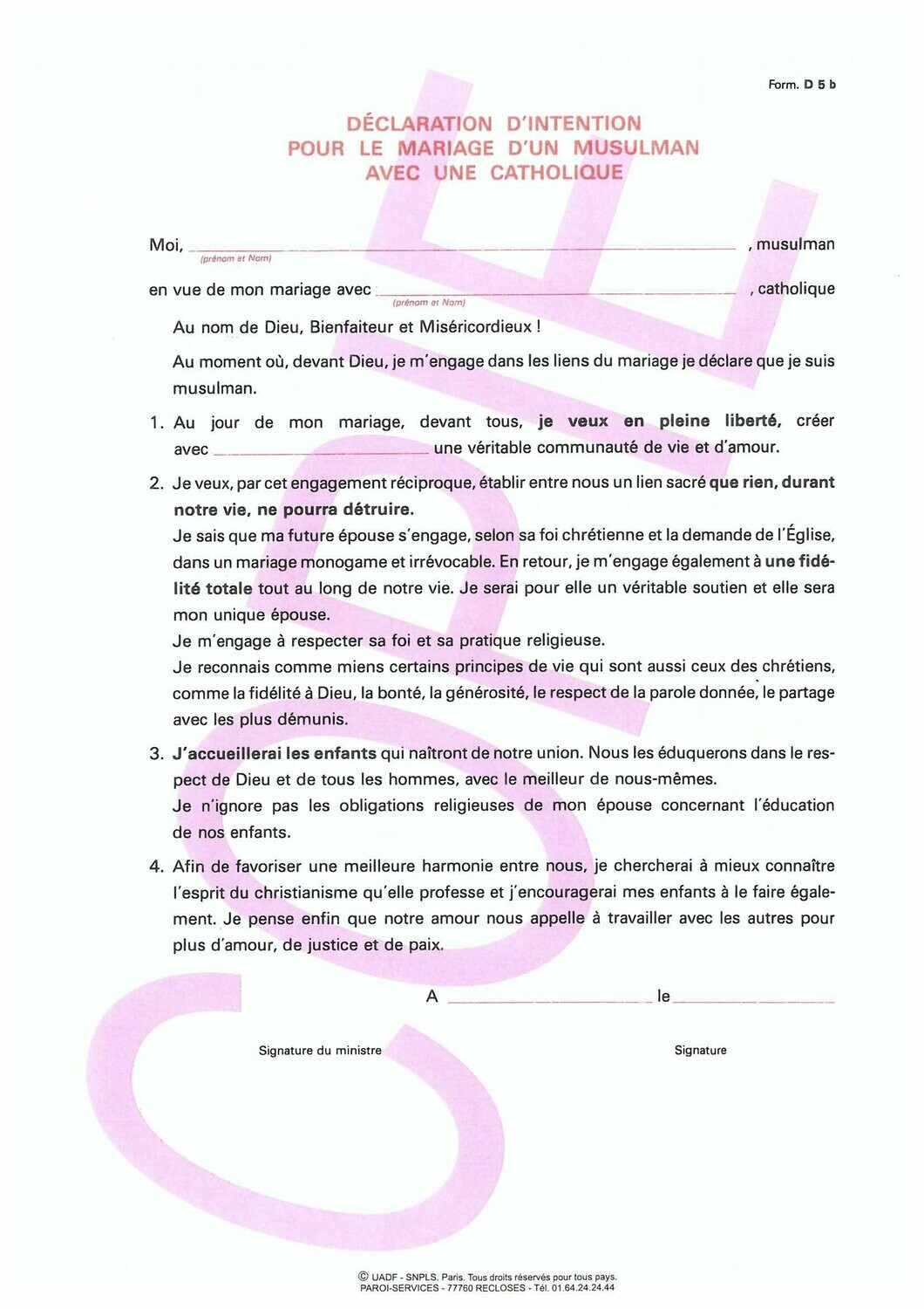 D5b - Déclarations d'intention pour le mariage islamo-chrétien conjoint musulman