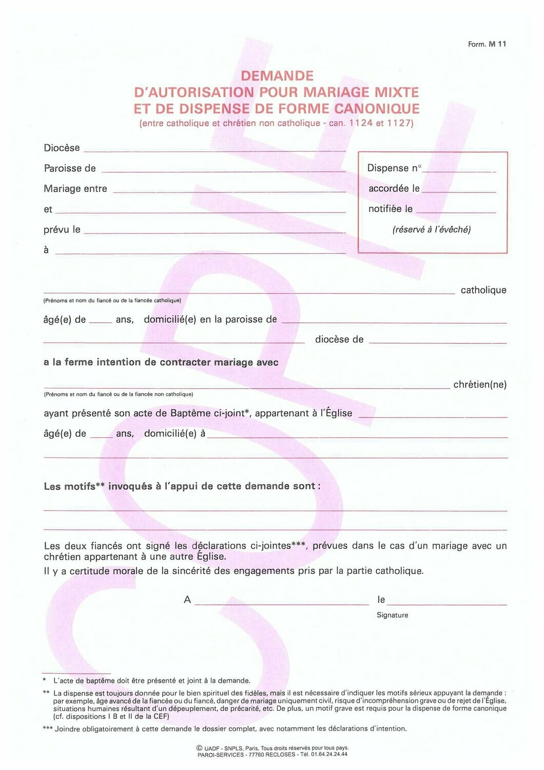 M11 - Demande d'autorisation pour mariage mixte et de dispense de forme canonique M11 - Demande d'autorisation pour mariage mixte et de dispense de forme canonique
