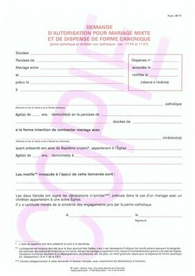 M11 -  Demande d'autorisation pour mariage mixte et de dispense de forme canonique
