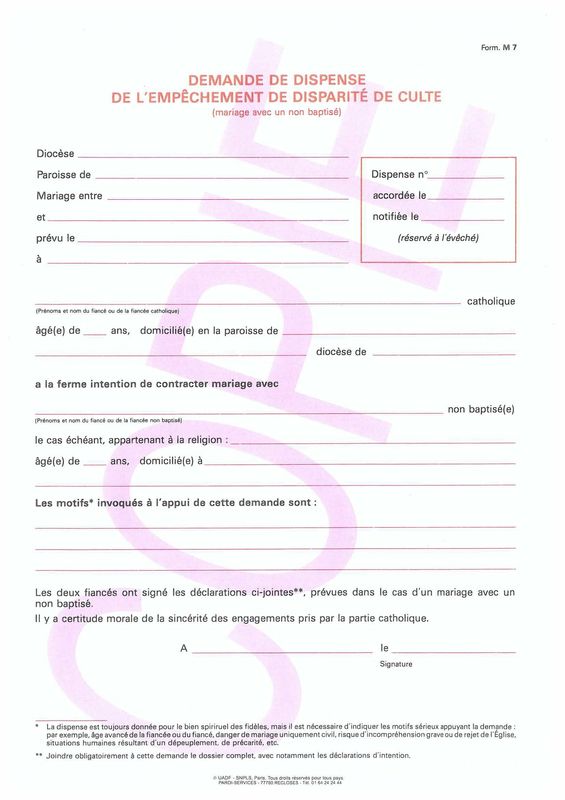 M7 - Demande de dispense de l' empêchement de disparité de culte