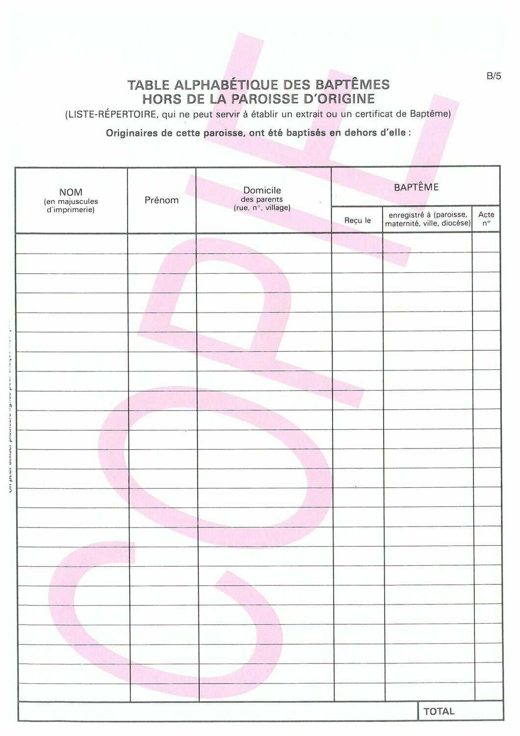 B5 - Table alphabétique des baptêmes hors paroisses