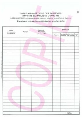 B5 - Table alphabétique des baptêmes hors paroisses