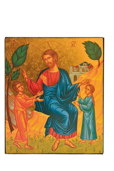 Jésus accueillant les enfants - Icône dorée à la feuille 13,9x11,8 cm