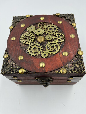 Wooden Jewellery Box With brass Coloured Steampunk Cogs