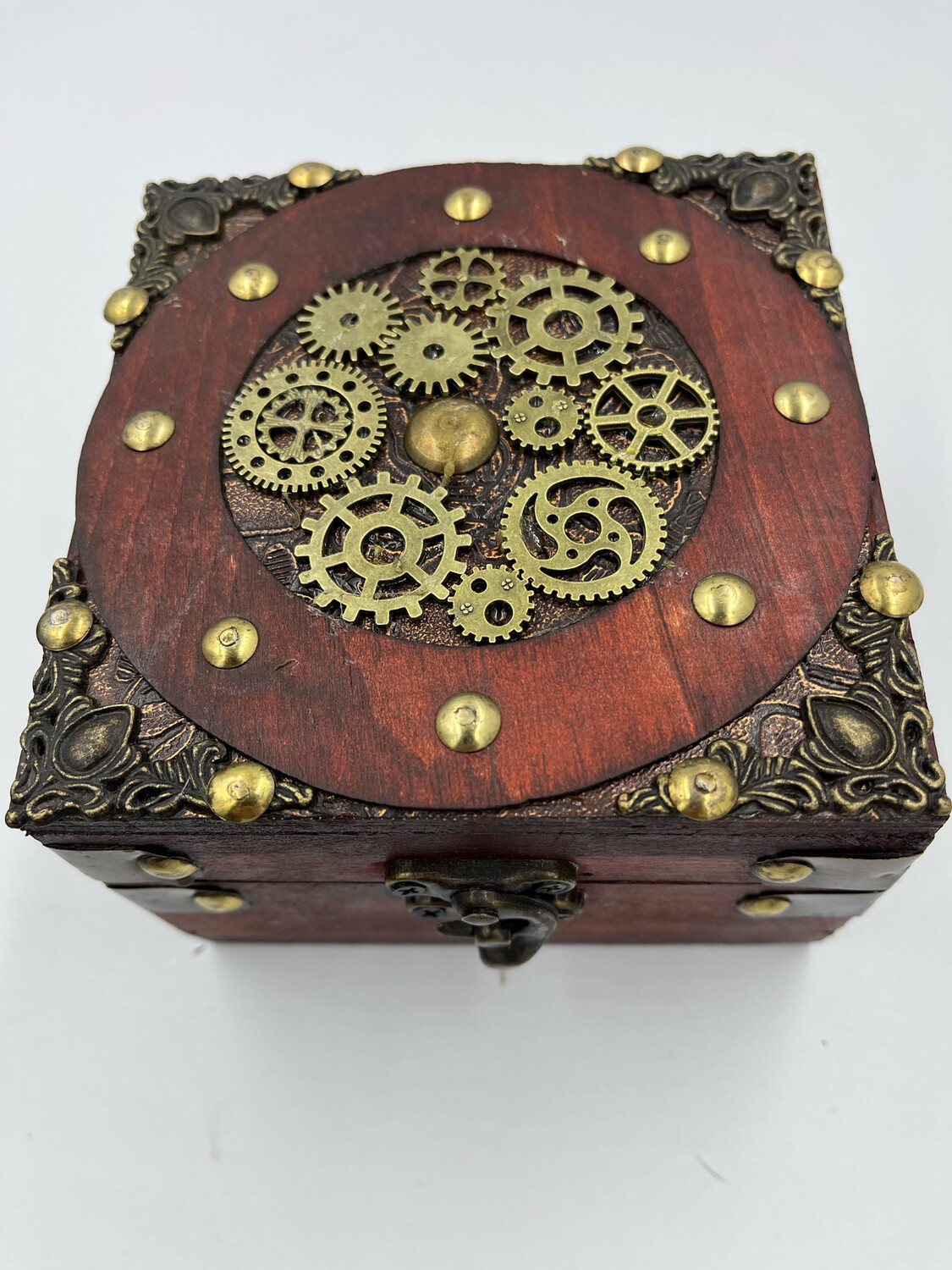 Wooden  Jewellery  Box With brass Coloured Steampunk Cogs