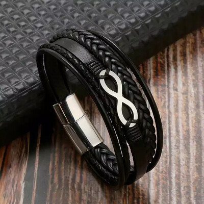 Leather Black And Silver Infinity Bracelet