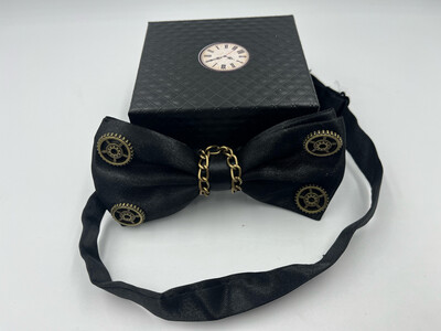 Black Bowtie Embellished With Steampunk Gears And Bronze Coloured Chain
