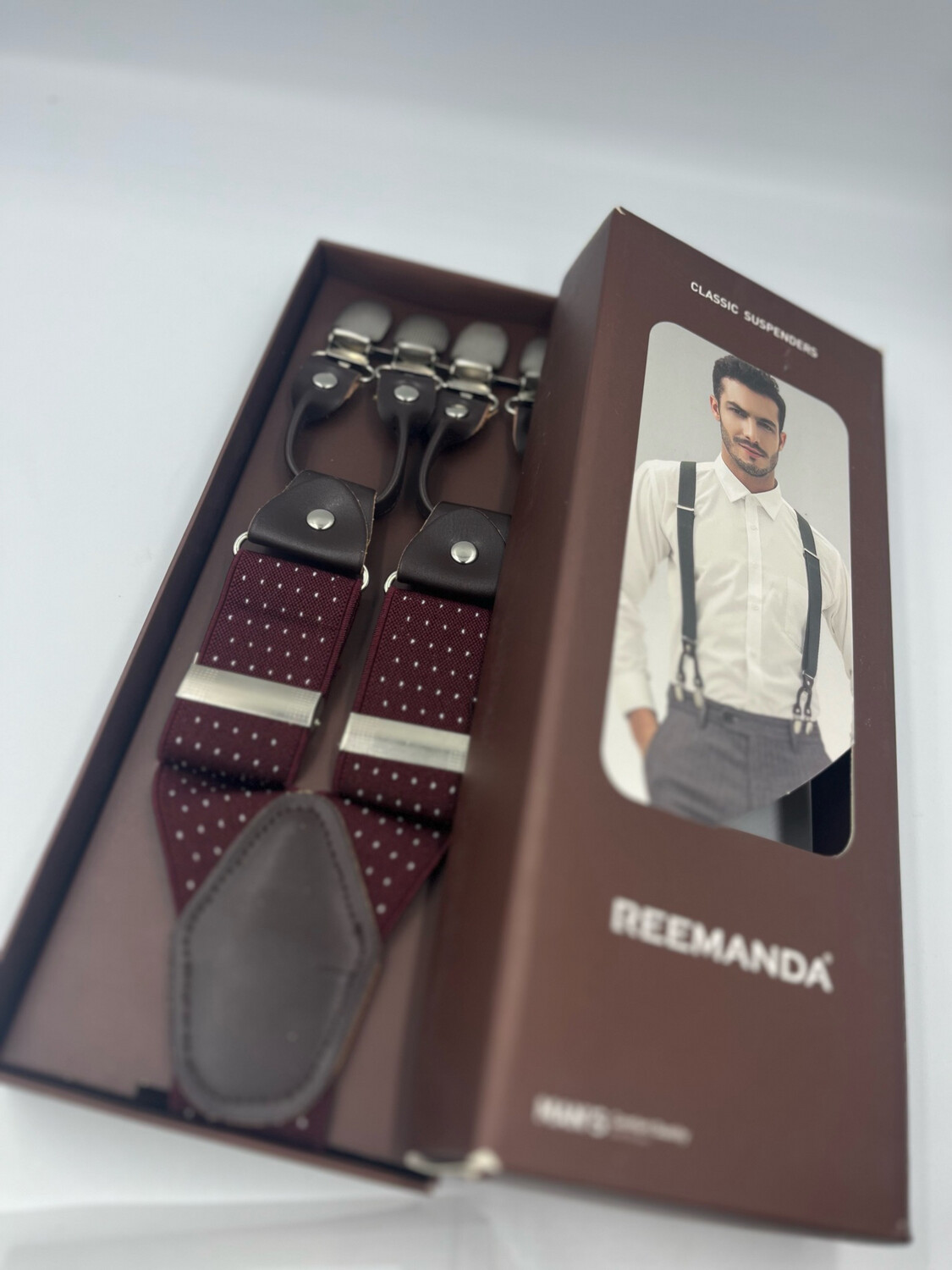Mens Maroon With White Pin Dots Suspenders. Premium.Heavy duty