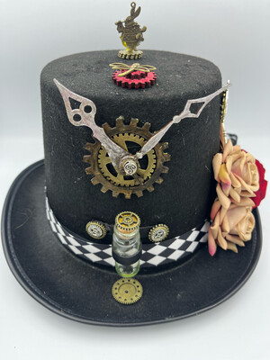 Steampunk Mad Hatter tophat With Clock And Flowers