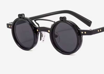 Steampunk Sunglasses With Black Flip Lenses And Black Frame