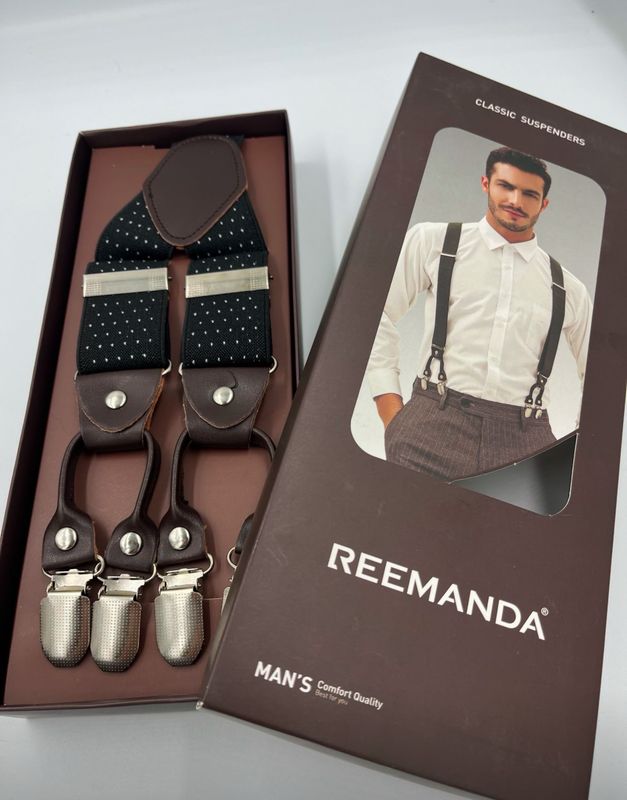 Mens Heavy Duty Suspenders, Premium Quality Black With White Pin Dots.