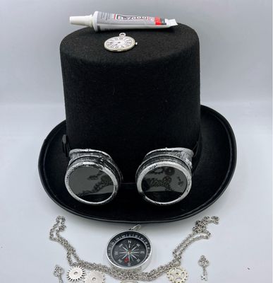 Steampunk Tophat, Compass, Stainless Steel Chain,Goggles,gears Combo DiY Kit, Silver