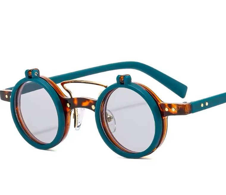 Steampunk Vintage Flip Up Sunglasses Retro Small Round Frame Sun Glasses Double-lay Torqoise