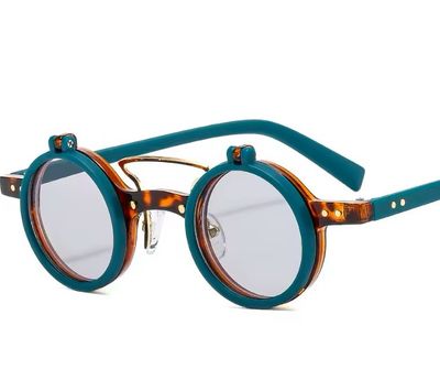 Steampunk Vintage Flip Up Sunglasses Retro Small Round Frame Sun Glasses Double-lay Torqoise
