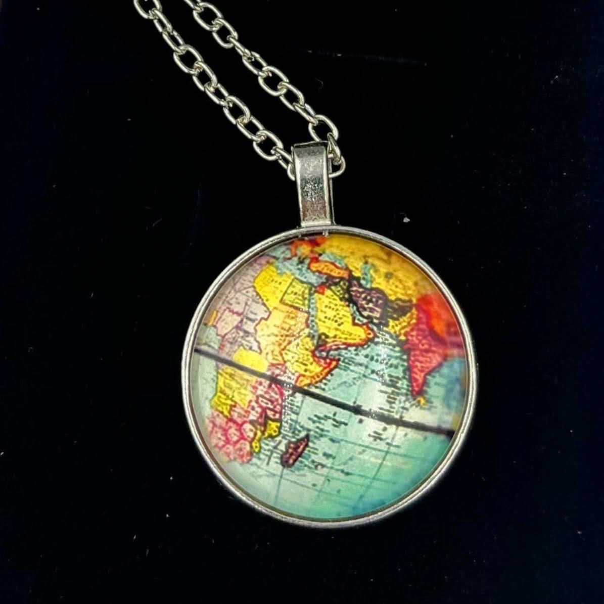 Steampunk Vintage Map Of The World Glass Pendant