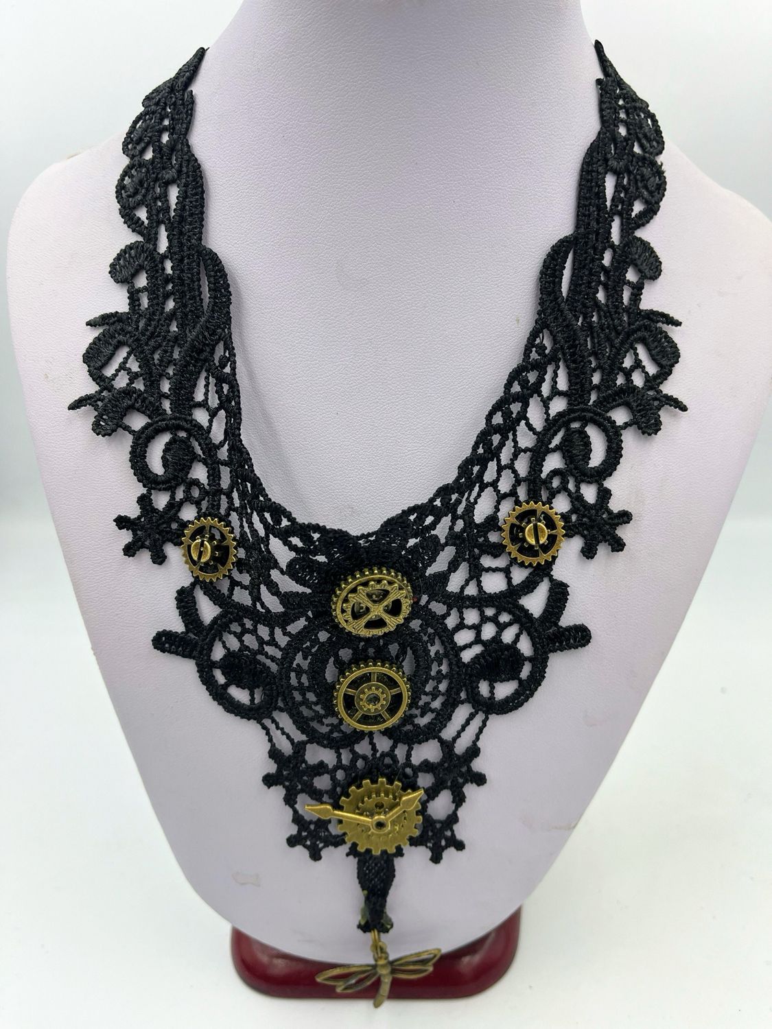 Steampunk Black Lace Choker With Bronze Gears