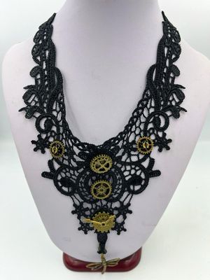 Steampunk Black Lace Choker With Bronze Gears