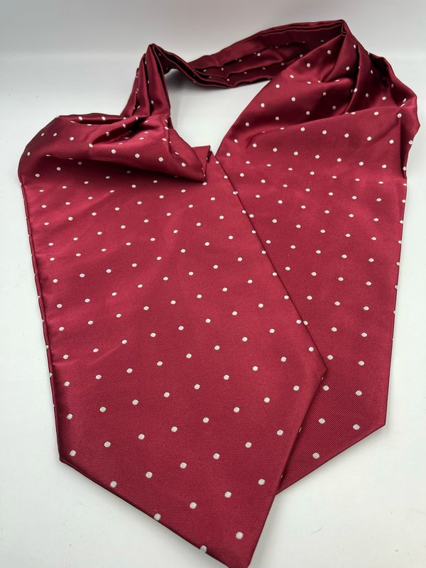 Premium mens Cravat Ascot tie, Dark Red With White Pin Dots