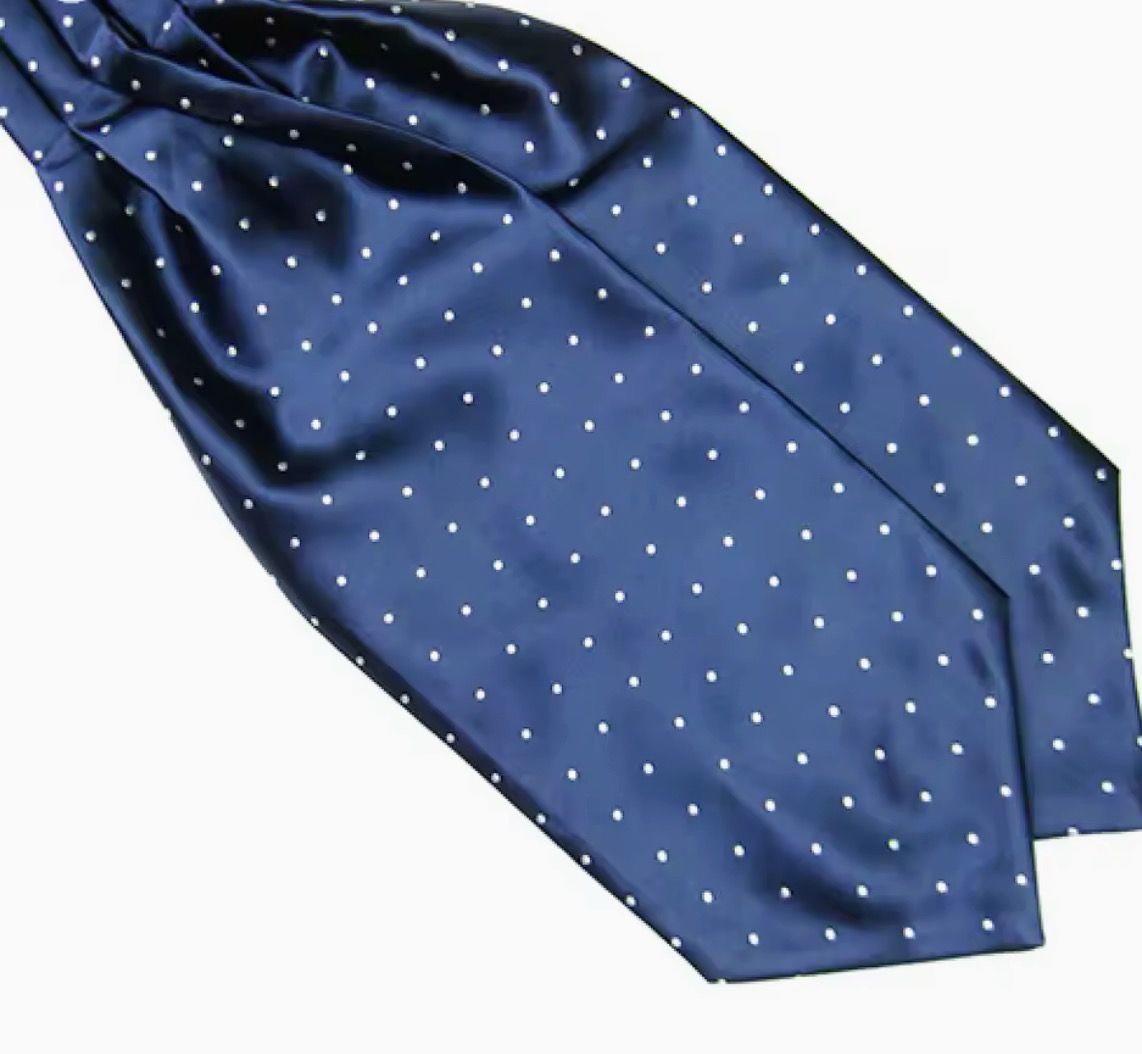 Mens Premium Cravat ascot Tie Navy Blue With White Pin Dot